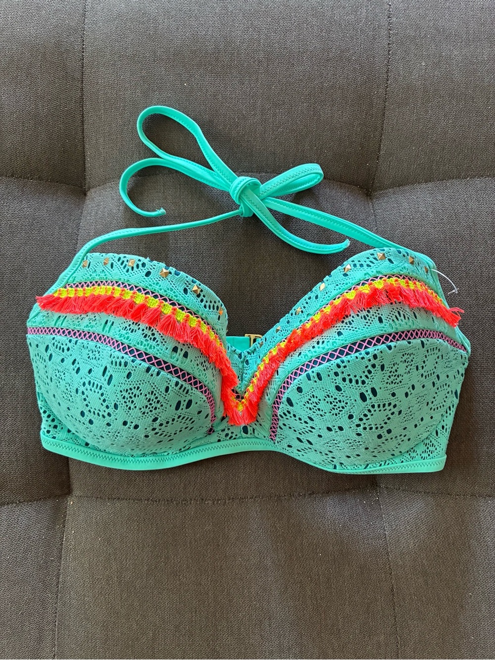 Victoria's Secret Teal Crochet Bikini Top with Neon Fringe